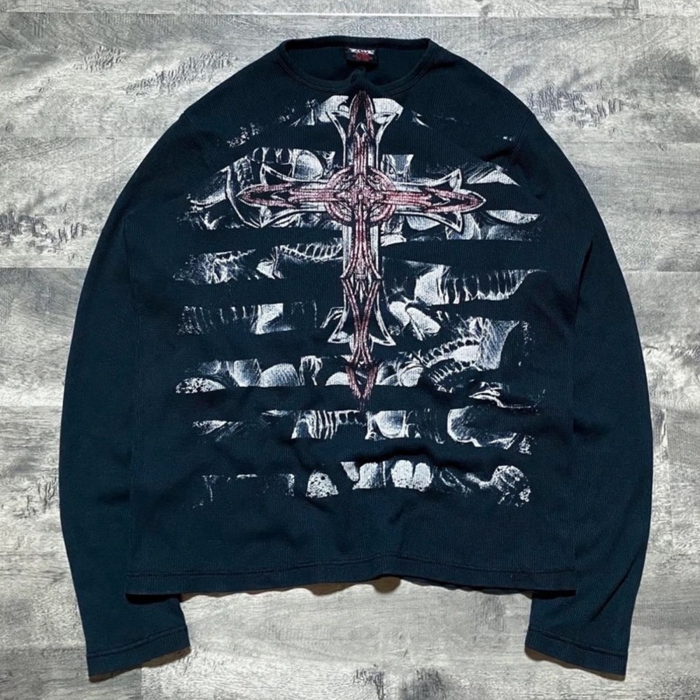 Black and White Crewneck Sweater with Gothic Graphic